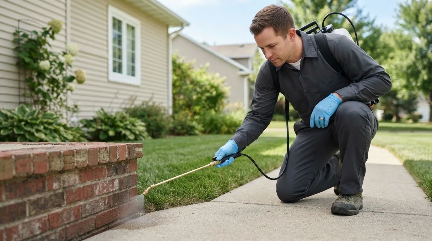 Pest control technician treating a home near Stockton, GA